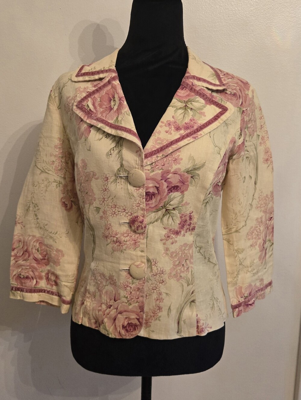Arden B Vintage Floral Linen Blazer With Velvet Ribbon Trim Womens XS